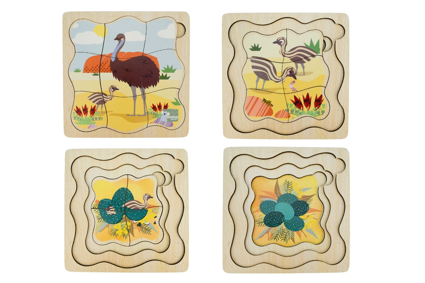 Kaper Kidz Emu Life Cycle Layer Puzzle featuring colorful illustrations of emu life stages by Koala Dream