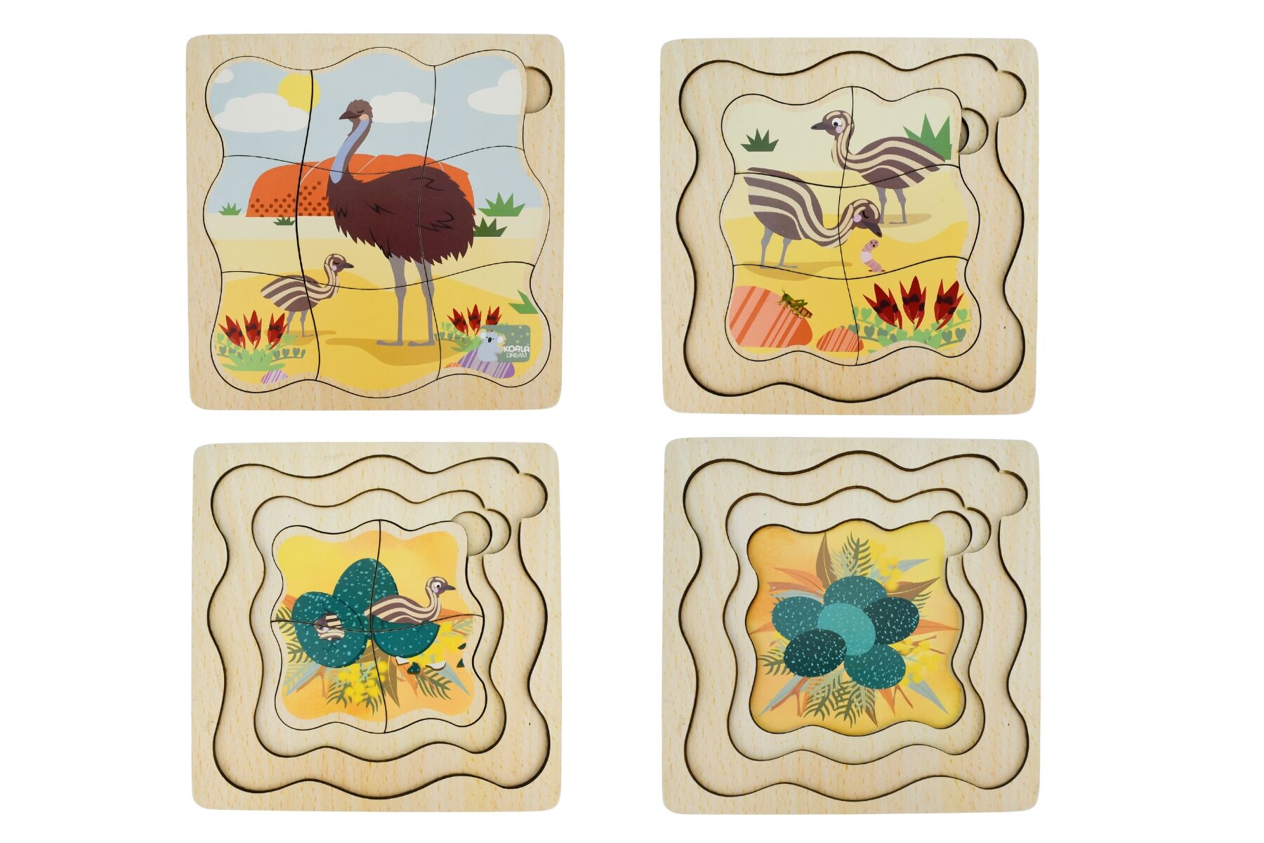 Kaper Kidz Emu Life Cycle Layer Puzzle featuring colorful illustrations of emu life stages by Koala Dream