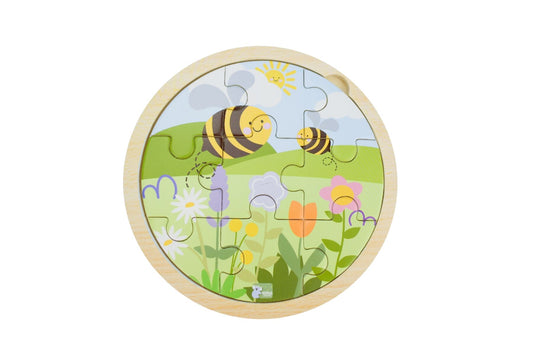 Wooden 9-piece garden jigsaw puzzle by Koala Dream featuring bee and nature scene for kids.