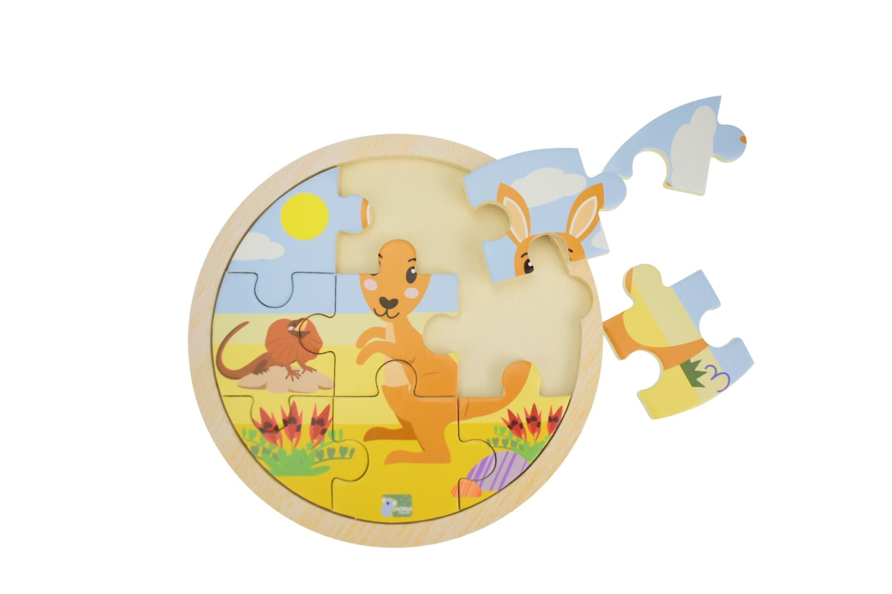 Wooden 9-piece Kangaroo Jigsaw Puzzle by Koala Dream from Kaper Kidz, featuring colorful kangaroo illustration for children.