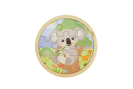 Wooden 9-piece Koala Dream jigsaw puzzle by Kaper Kidz featuring a cute koala illustration for children.