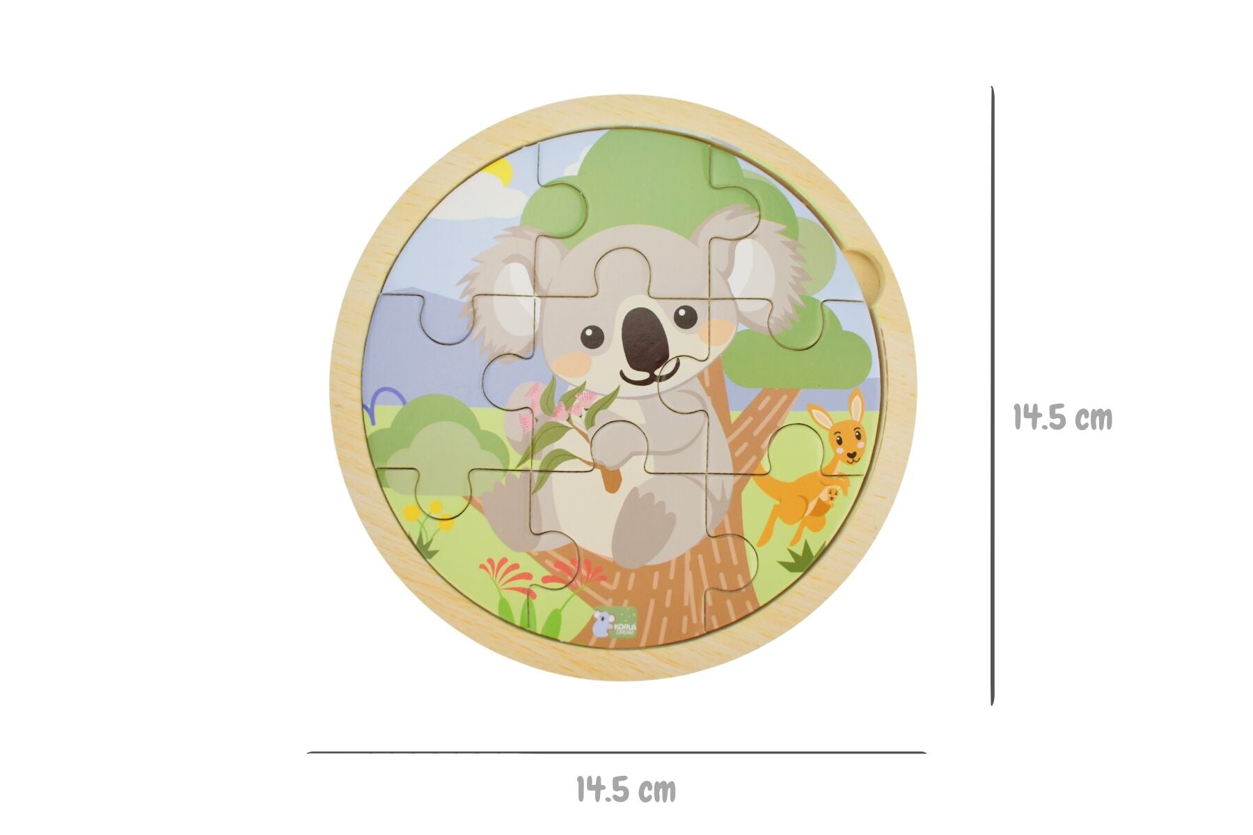 Wooden 9-piece Koala Dream jigsaw puzzle by Kaper Kidz featuring a cute koala illustration for kids.
