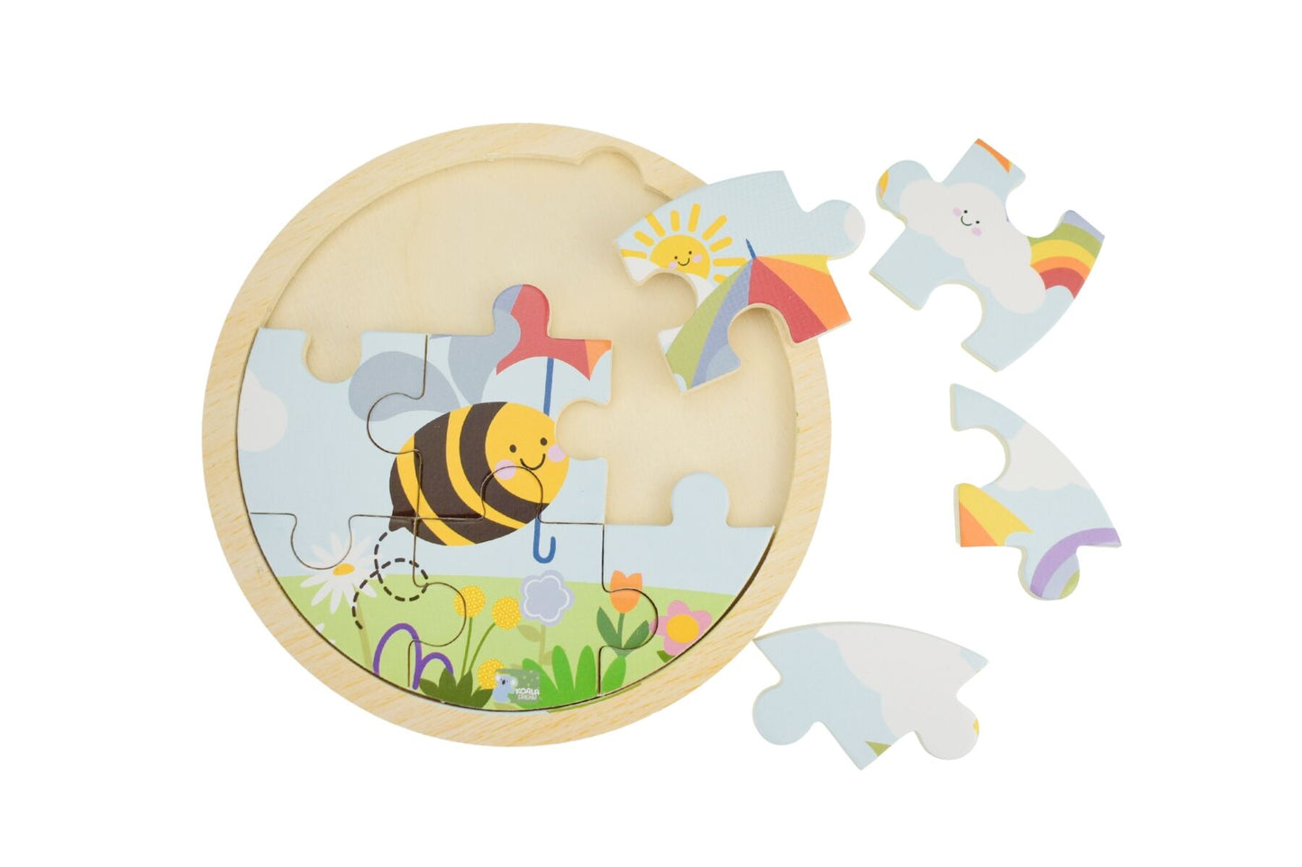 Wooden 9-piece Rainbow Jigsaw Puzzle by Koala Dream from Kaper Kidz, featuring colorful rainbow and bee illustrations for children.