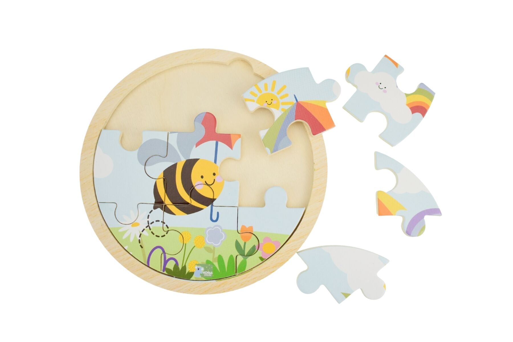 Wooden 9-piece Rainbow Jigsaw Puzzle by Koala Dream from Kaper Kidz, featuring colorful rainbow and bee illustrations for children.