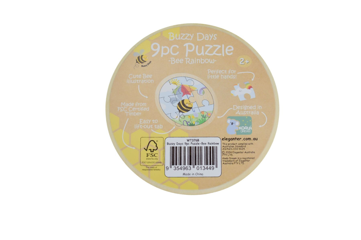 Wooden 9-piece rainbow jigsaw puzzle by Koala Dream featuring colorful bee and rainbow design for kids.