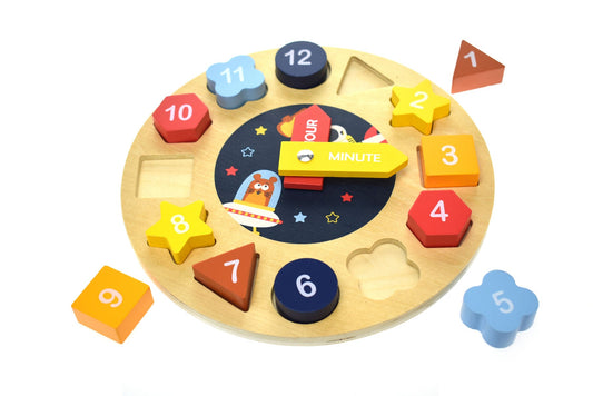 SPACE CLOCK WOODEN SHAPE SORTER AND PUZZLE - Bamboo Sprout