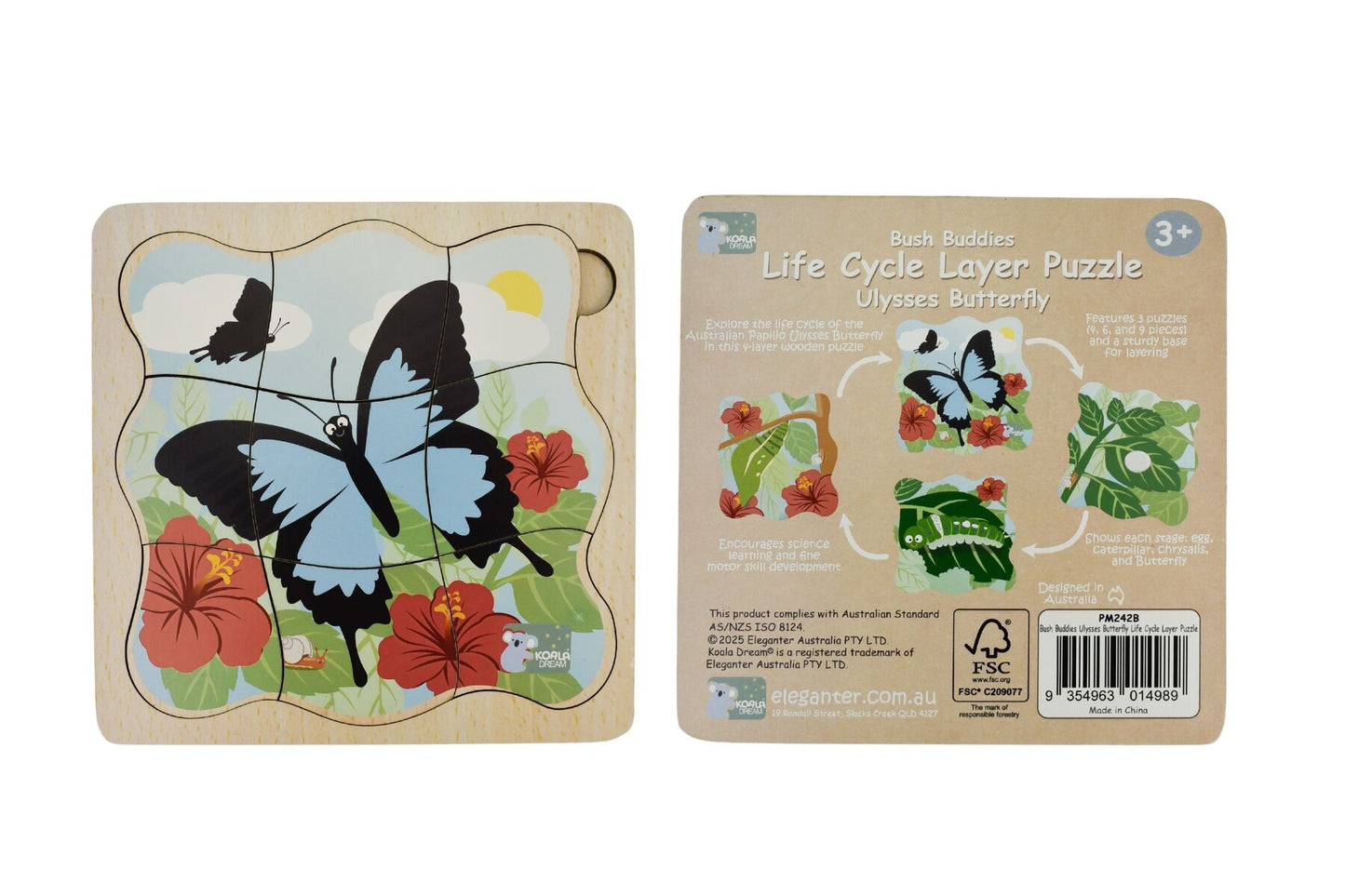 Kaper Kidz Ulysses Butterfly Life Cycle Layer Puzzle showing colorful butterfly stages on a educational puzzle board.