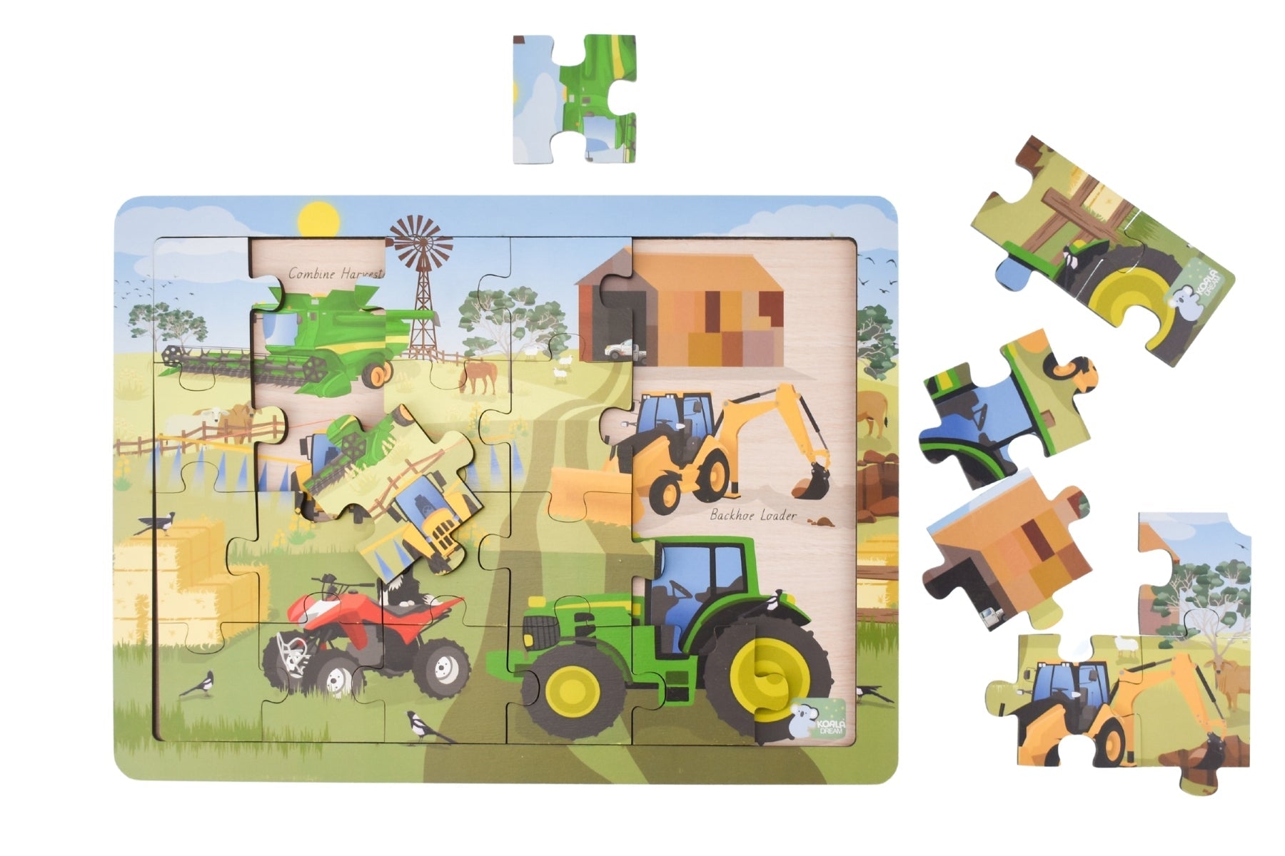 Koala Dream Aussie Farm Vehicles jigsaw puzzle with 24 pieces featuring colorful farm and vehicle illustrations.