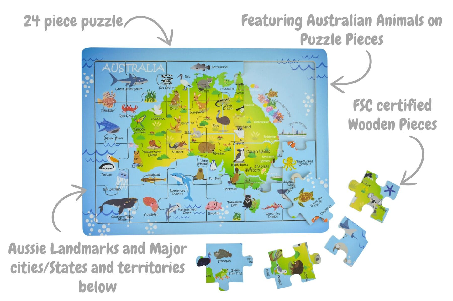 24PC JIGSAW PUZZLE AUSTRALIAN MAP AUSSIE ANIMAL AND LANDMARK - Bamboo Sprout