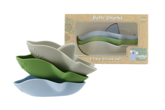 BATH SHARKS SILICONE 3PC SET - BLUE/GREEN - Bamboo Sprout
