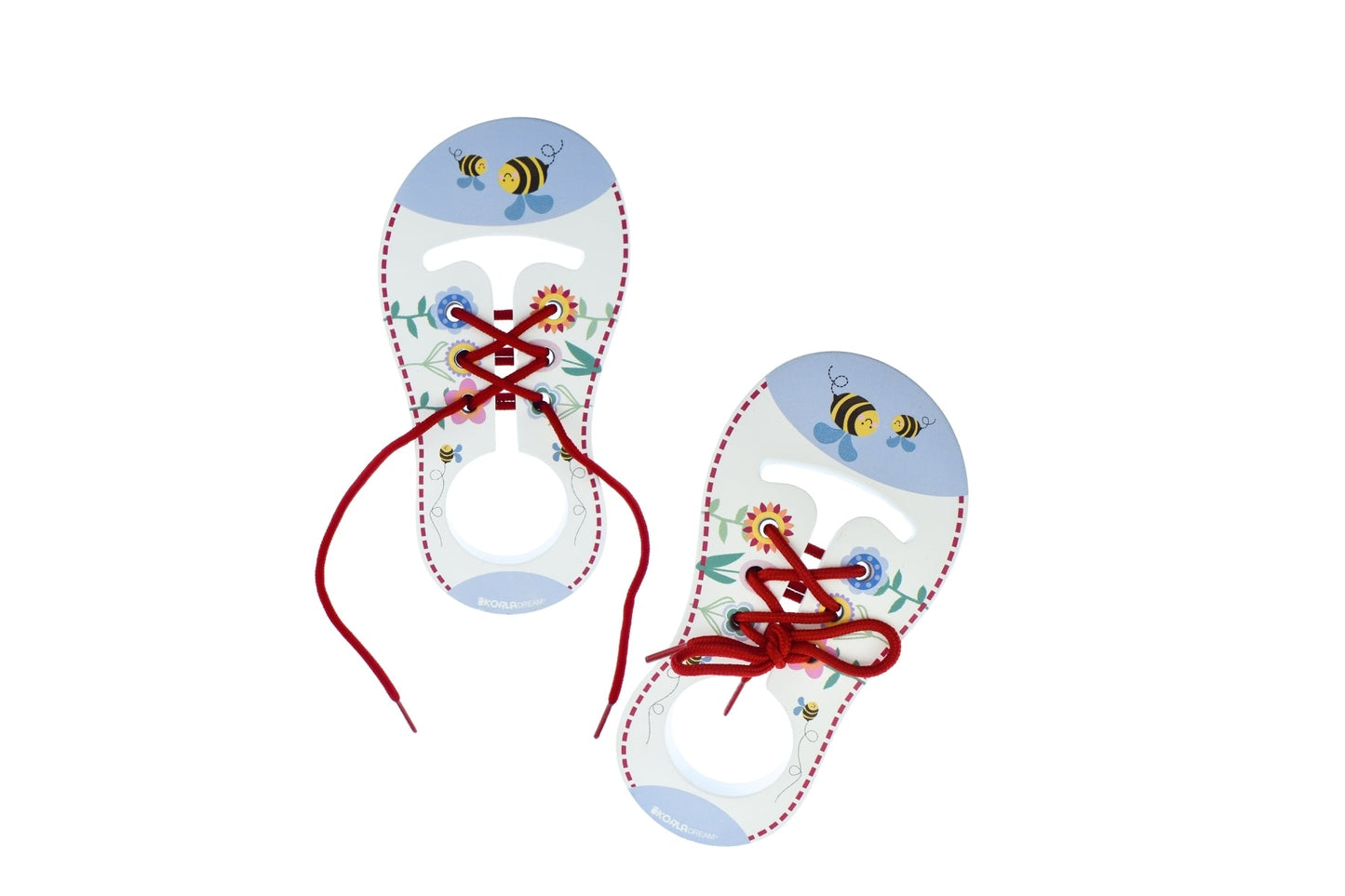 Pair of Koala Dream Learn to Tie Shoe Laces, instructional shoe lace tying guide for kids and beginners.