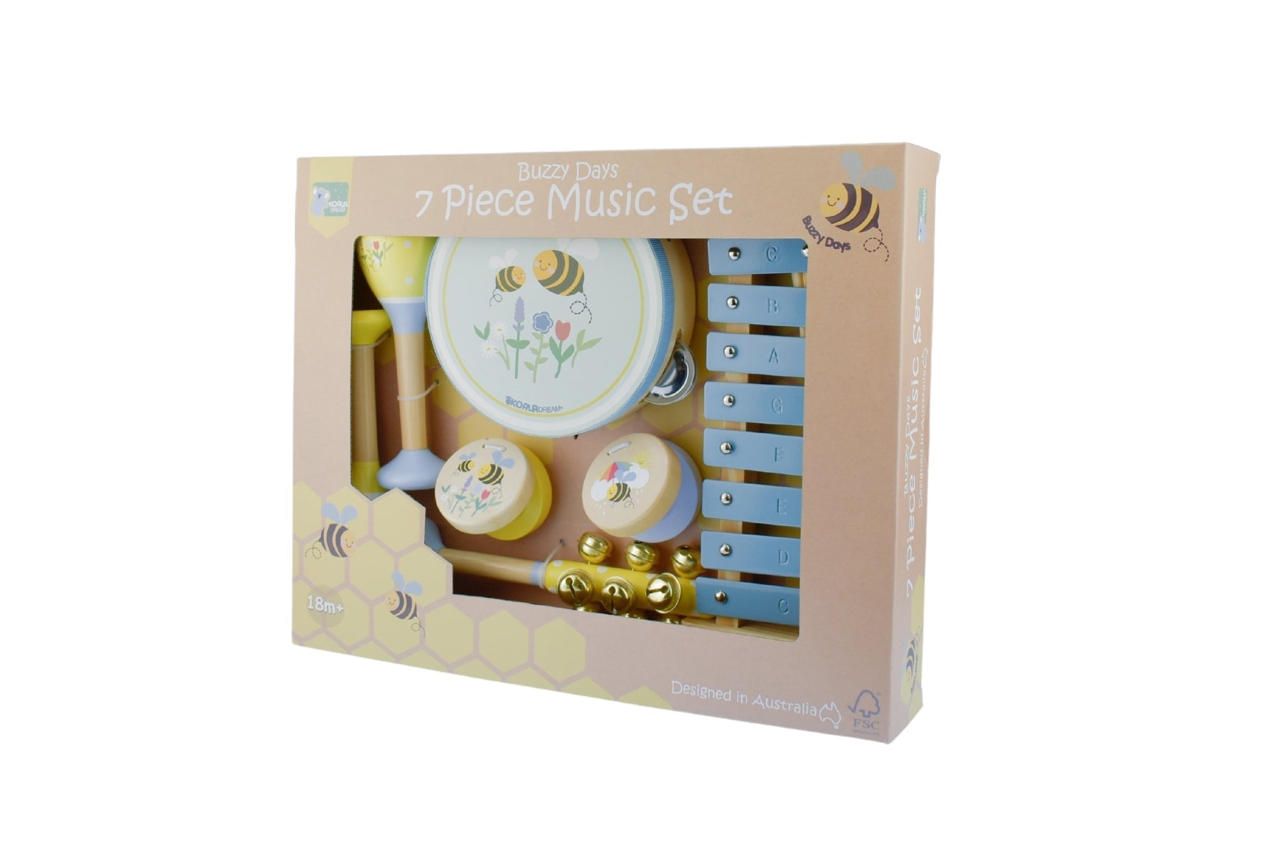 Koala Dream 7-piece musical set with colorful wooden instruments for children, including drums, xylophone, and maracas.