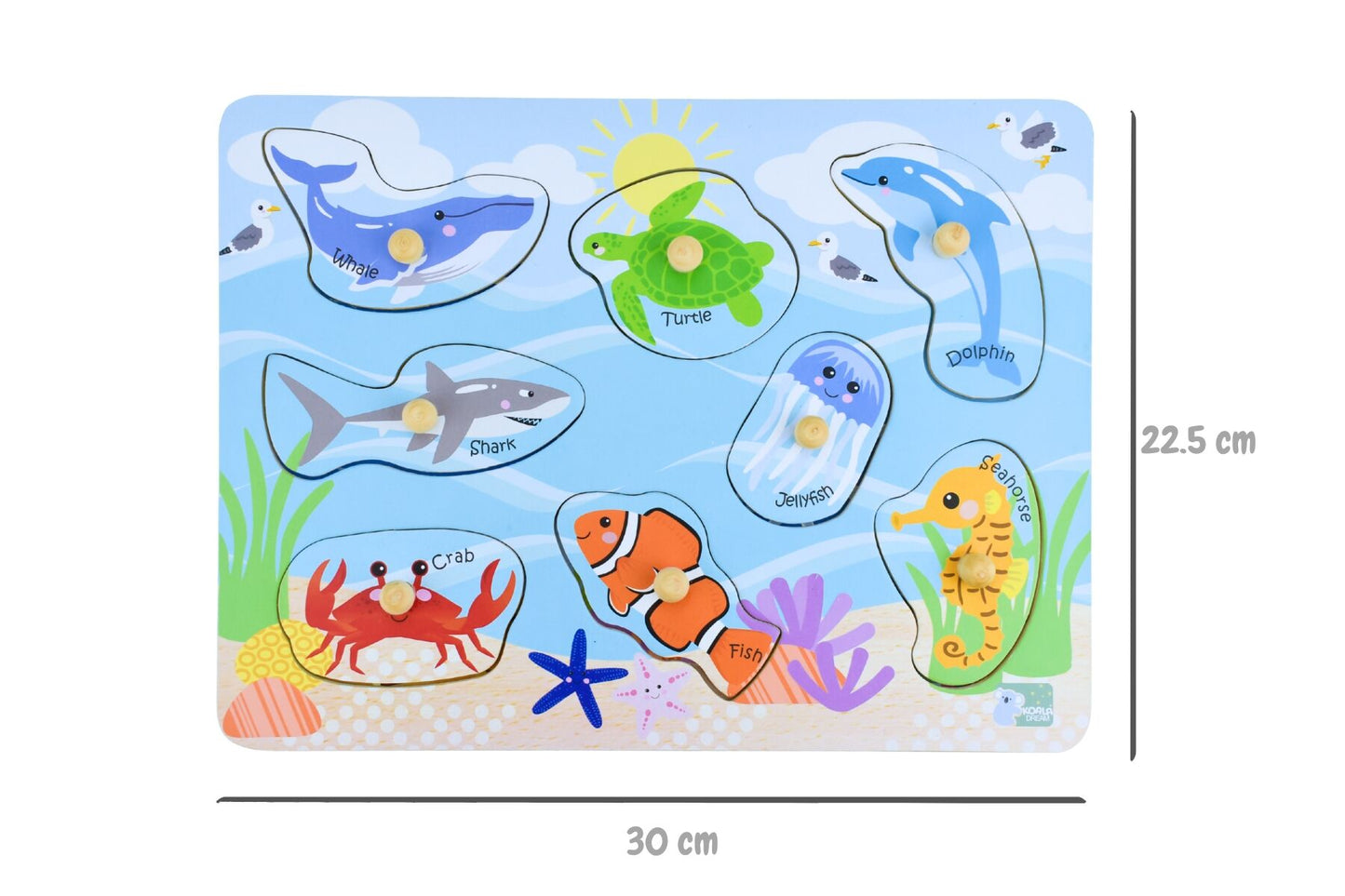 Koala Dream Sea Animal and Their Habitats Peg Puzzle featuring colorful marine creatures and ocean habitat pieces for children.
