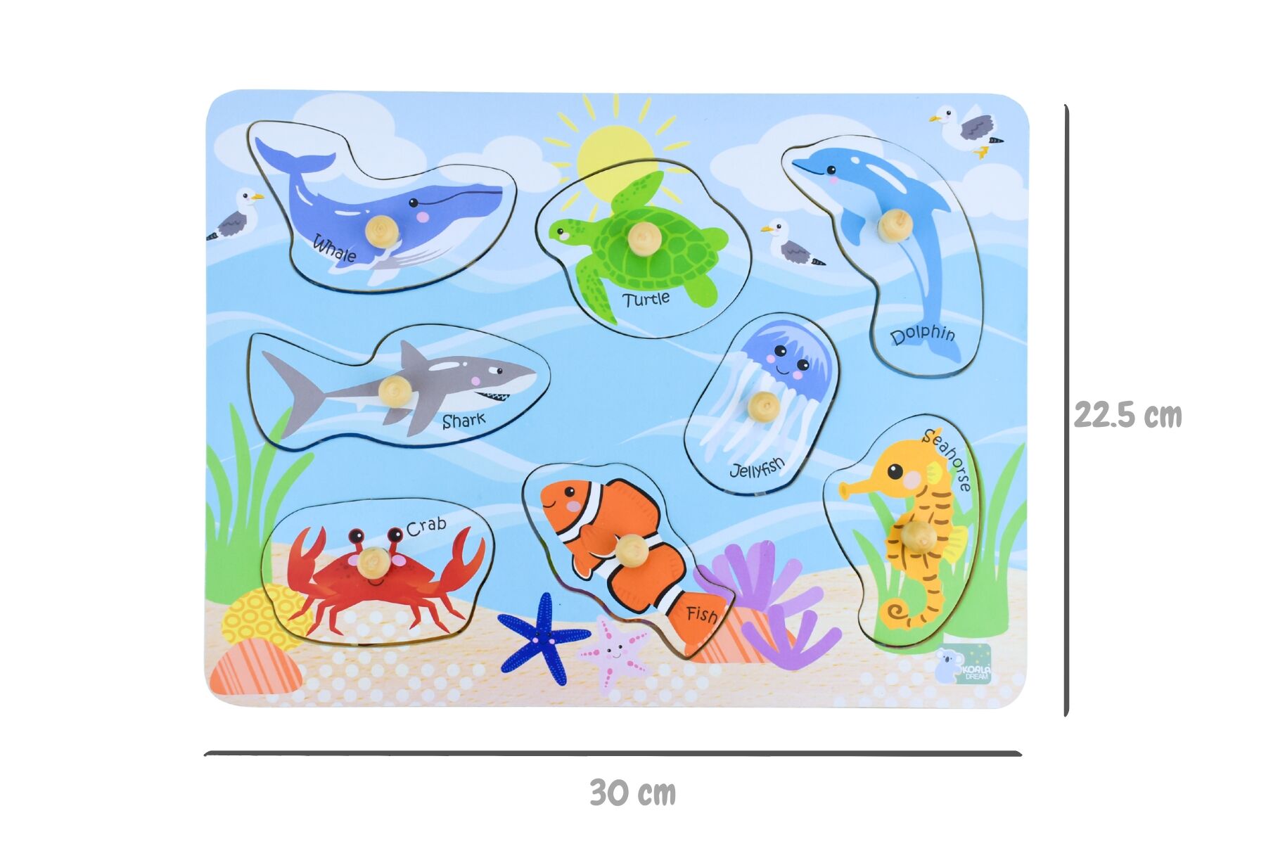 Koala Dream Sea Animal and Their Habitats Peg Puzzle featuring colorful marine creatures and ocean habitat pieces for children.