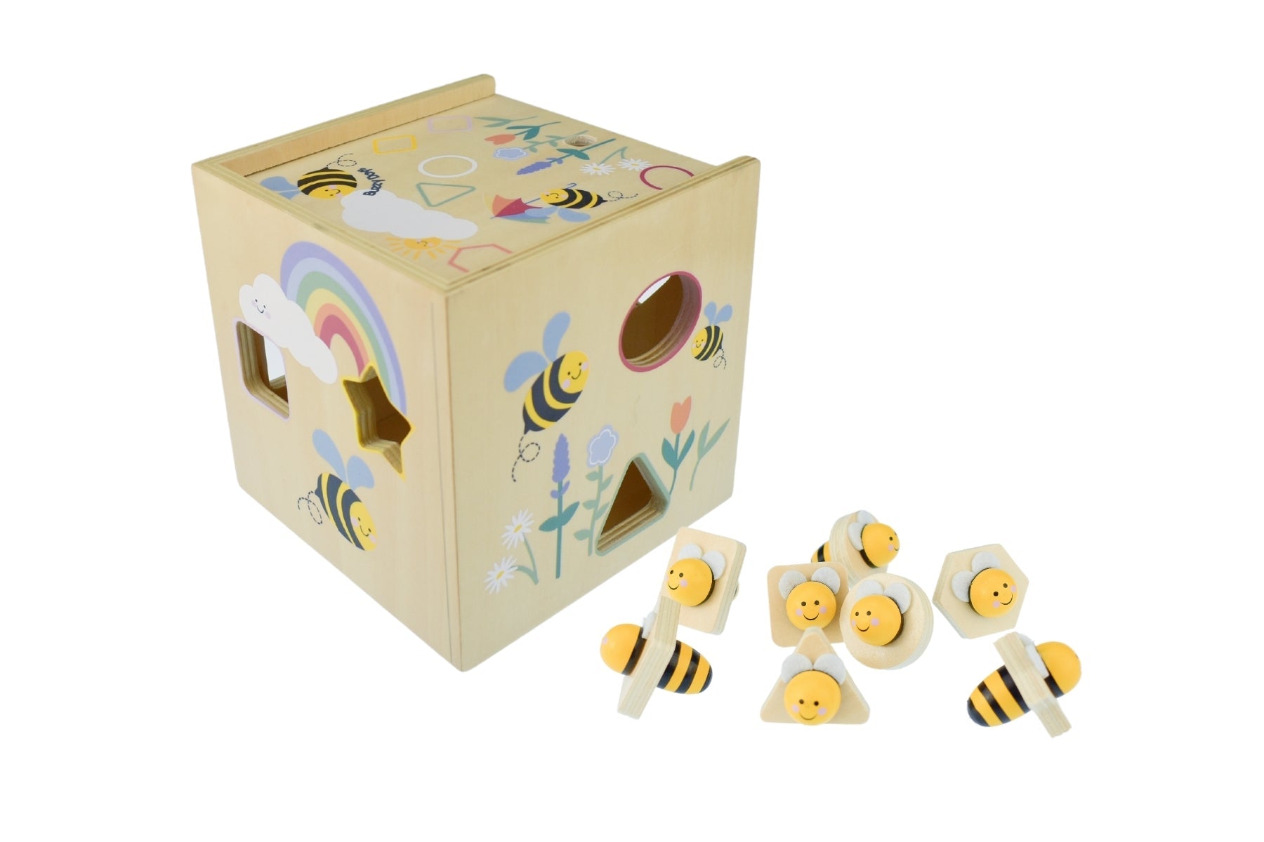 Koala Dream brand shape sorter with colorful geometric pieces and a wooden tray for sorting activities.