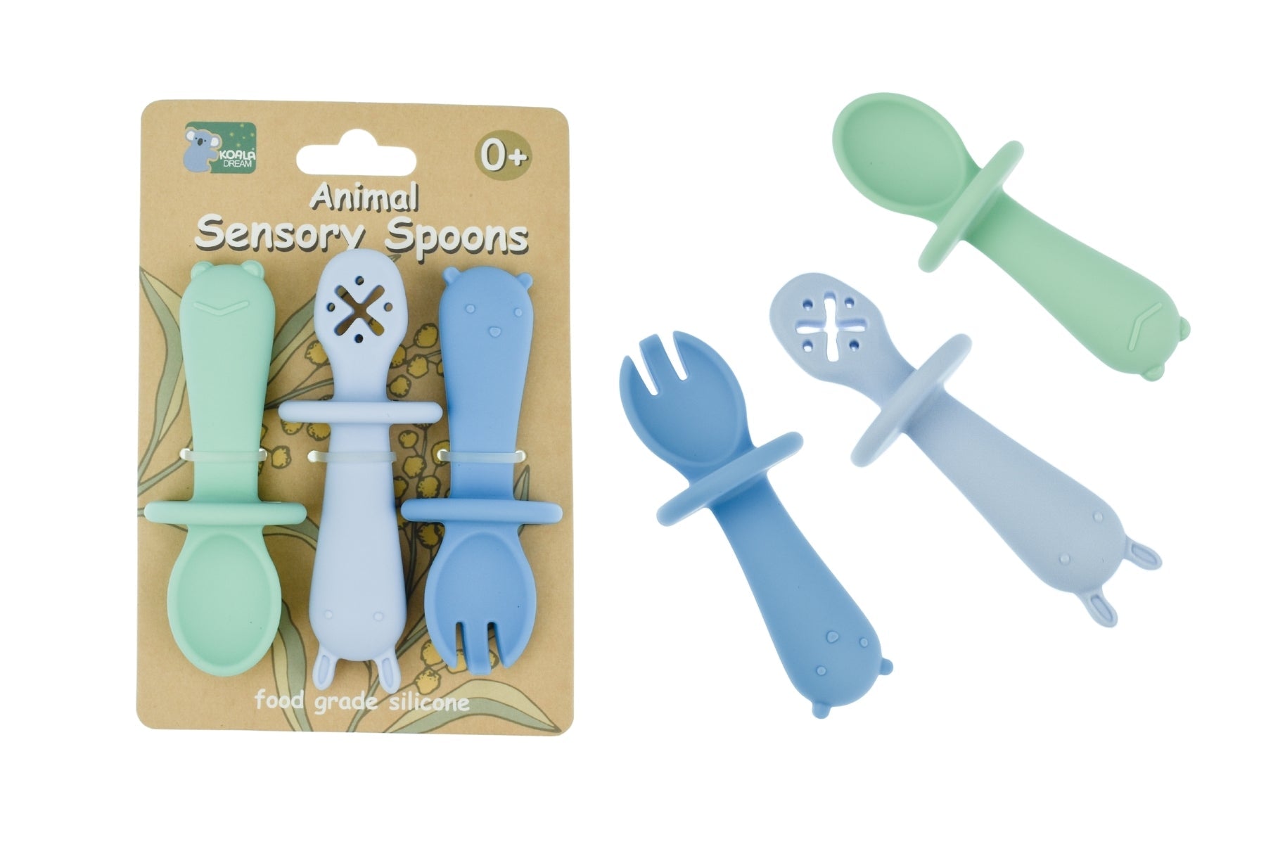 SILICONE ANIMAL SENSORY SPOONS - BLUE GREEN - Bamboo Sprout