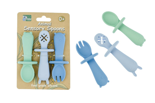 SILICONE ANIMAL SENSORY SPOONS - BLUE GREEN - Bamboo Sprout