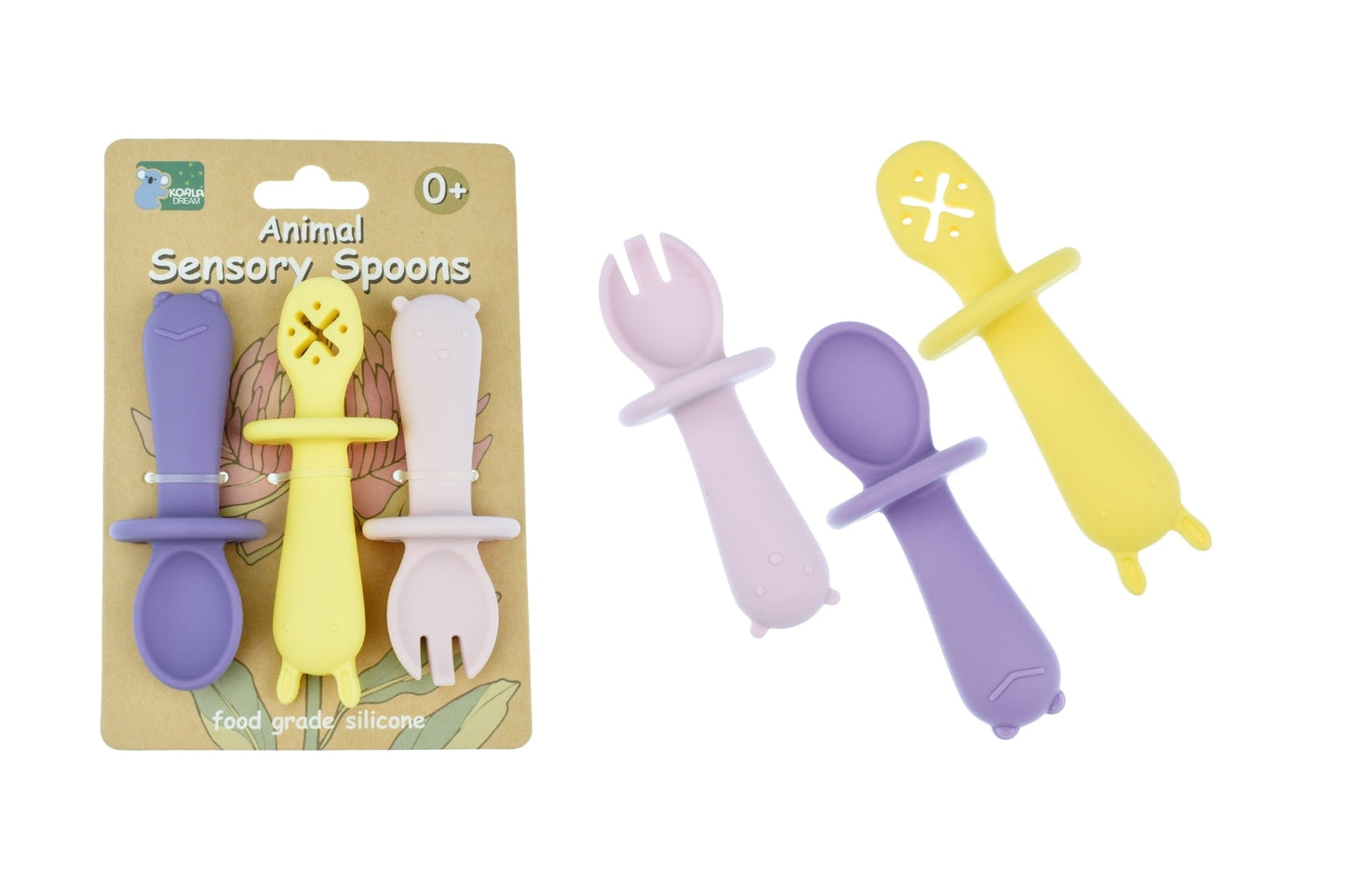 SILICONE ANIMAL SENSORY SPOONS - PINK YELLOW - Bamboo Sprout