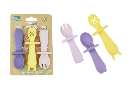 SILICONE ANIMAL SENSORY SPOONS - PINK YELLOW - Bamboo Sprout