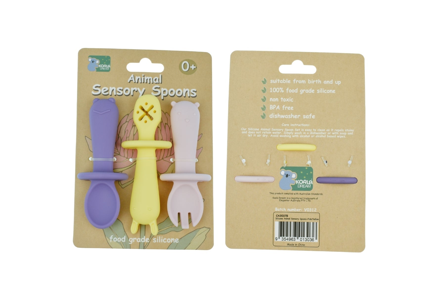 SILICONE ANIMAL SENSORY SPOONS - PINK YELLOW - Bamboo Sprout