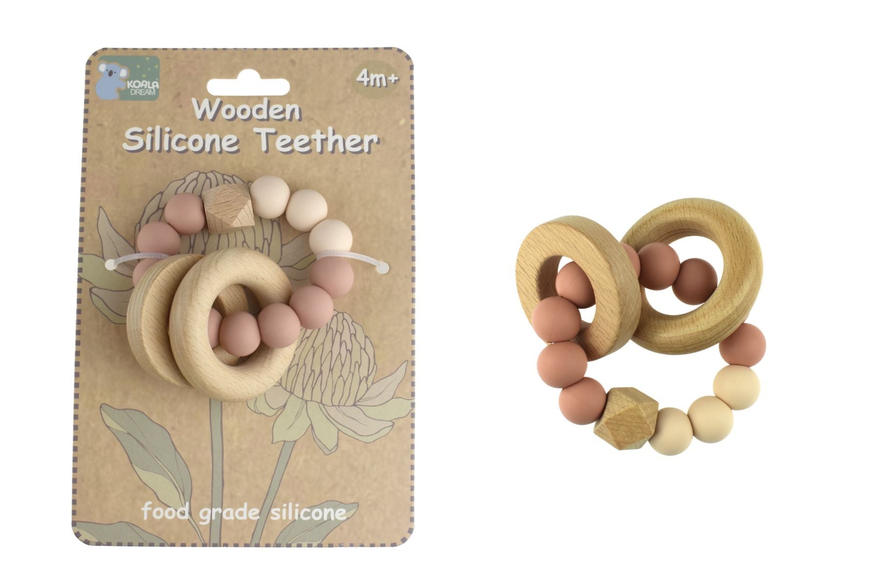WOODEN SILICONE RINGS TEETHER - PINK - Bamboo Sprout