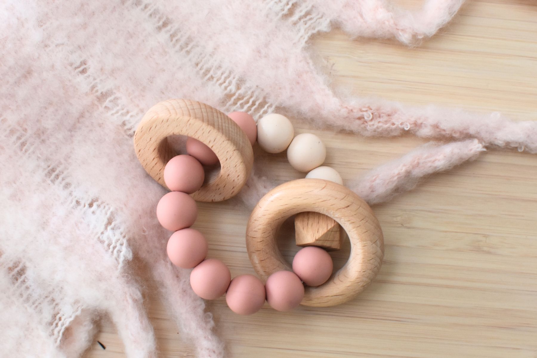 WOODEN SILICONE RINGS TEETHER - PINK - Bamboo Sprout