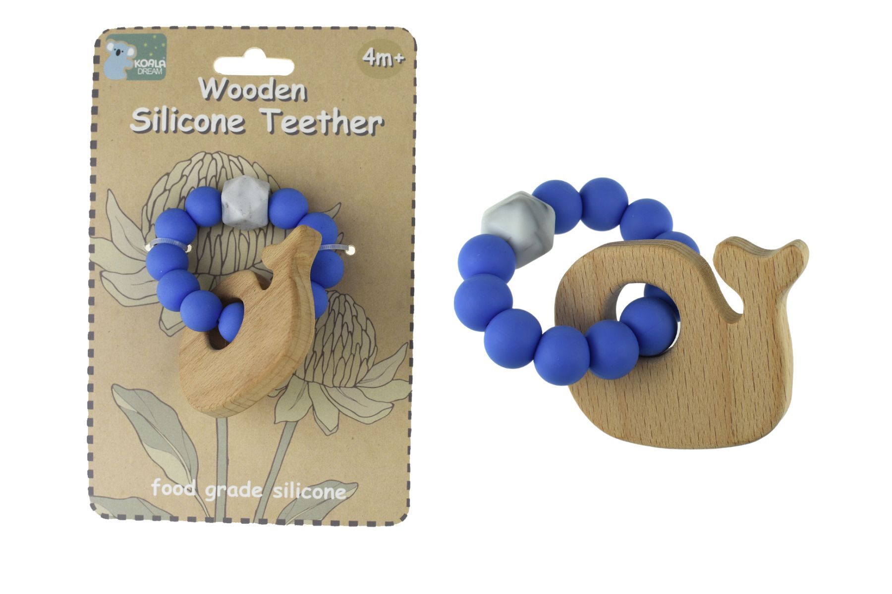 WOODEN SILICONE WHALE TEETHER - BLUE - Bamboo Sprout