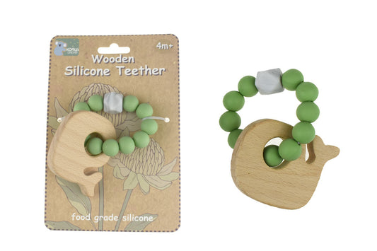 WOODEN SILICONE WHALE TEETHER - GREEN - Bamboo Sprout