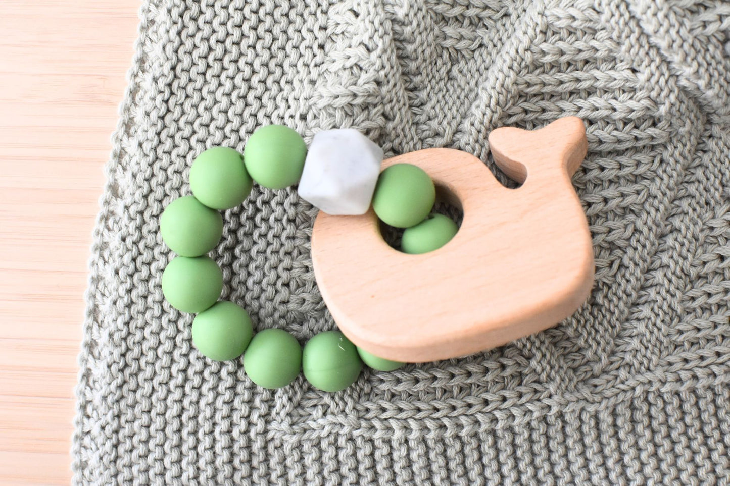 WOODEN SILICONE WHALE TEETHER - GREEN - Bamboo Sprout