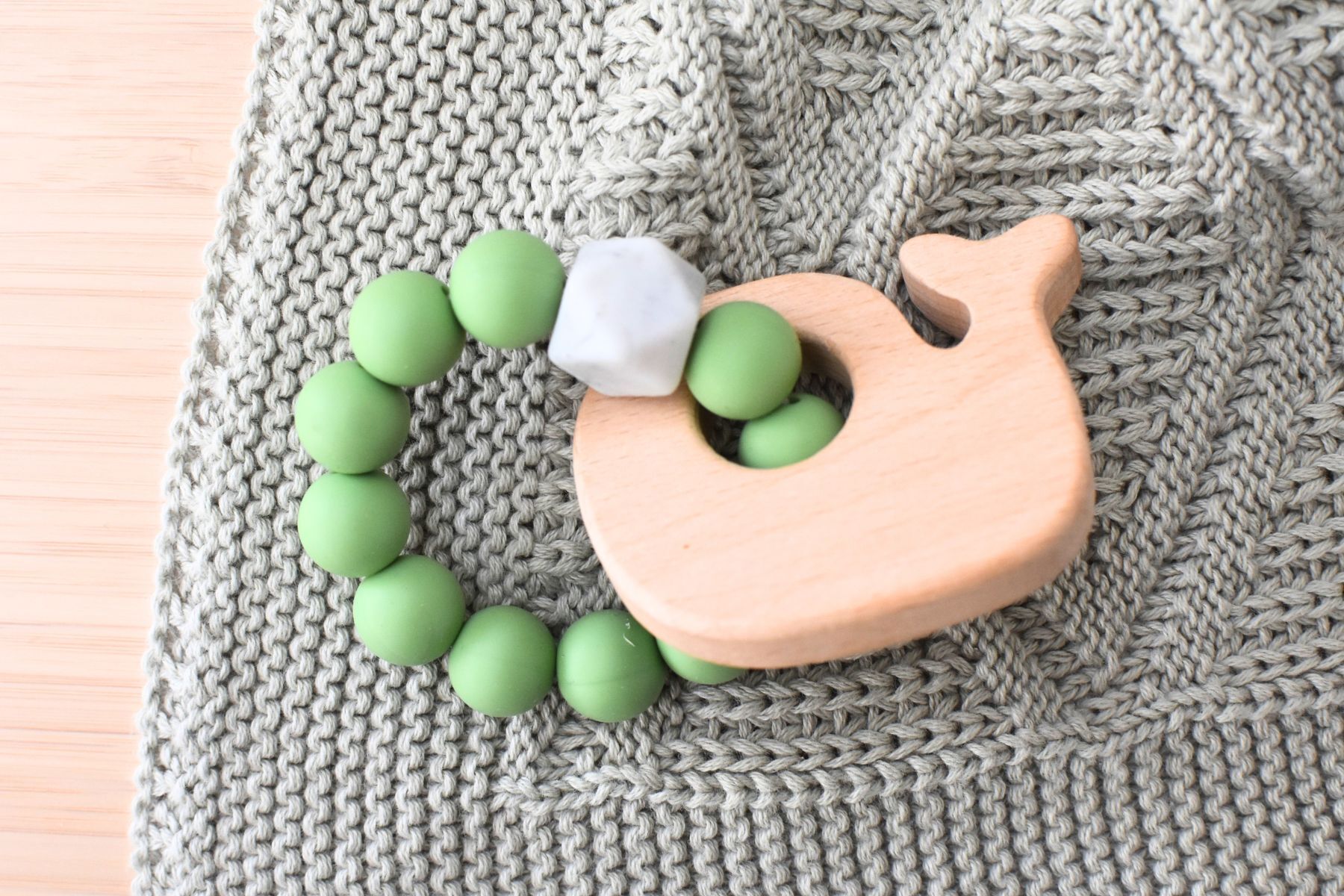 WOODEN SILICONE WHALE TEETHER - GREEN - Bamboo Sprout