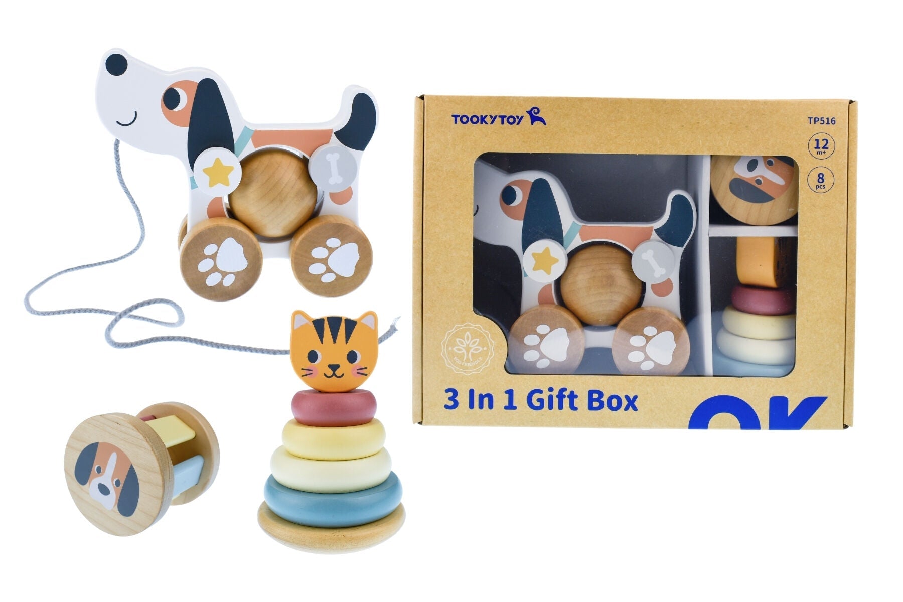 3 IN 1 WOODEN BABY RATTLE GIFT SET - CAT & PUPPY DOG - Bamboo Sprout