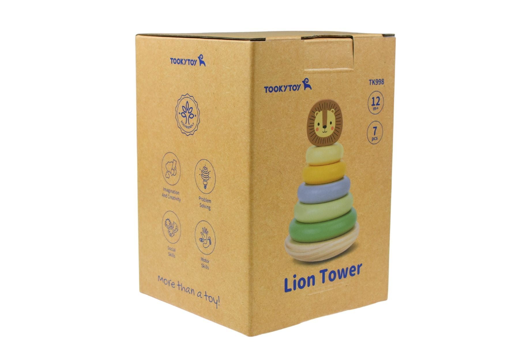 Tooky Toy Lion Stacking Tower with colorful wooden rings and lion figure, perfect for preschool learning and stacking play.