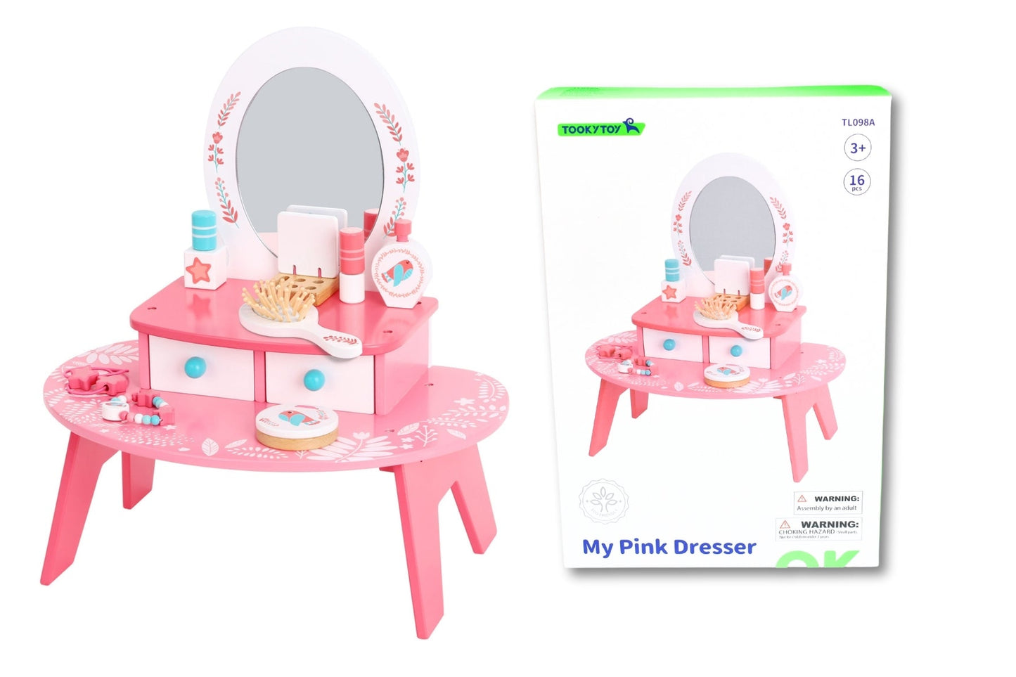Pink Tooky Toy dresser with multiple drawers and decorative handles, designed for children's playroom or bedroom decor.