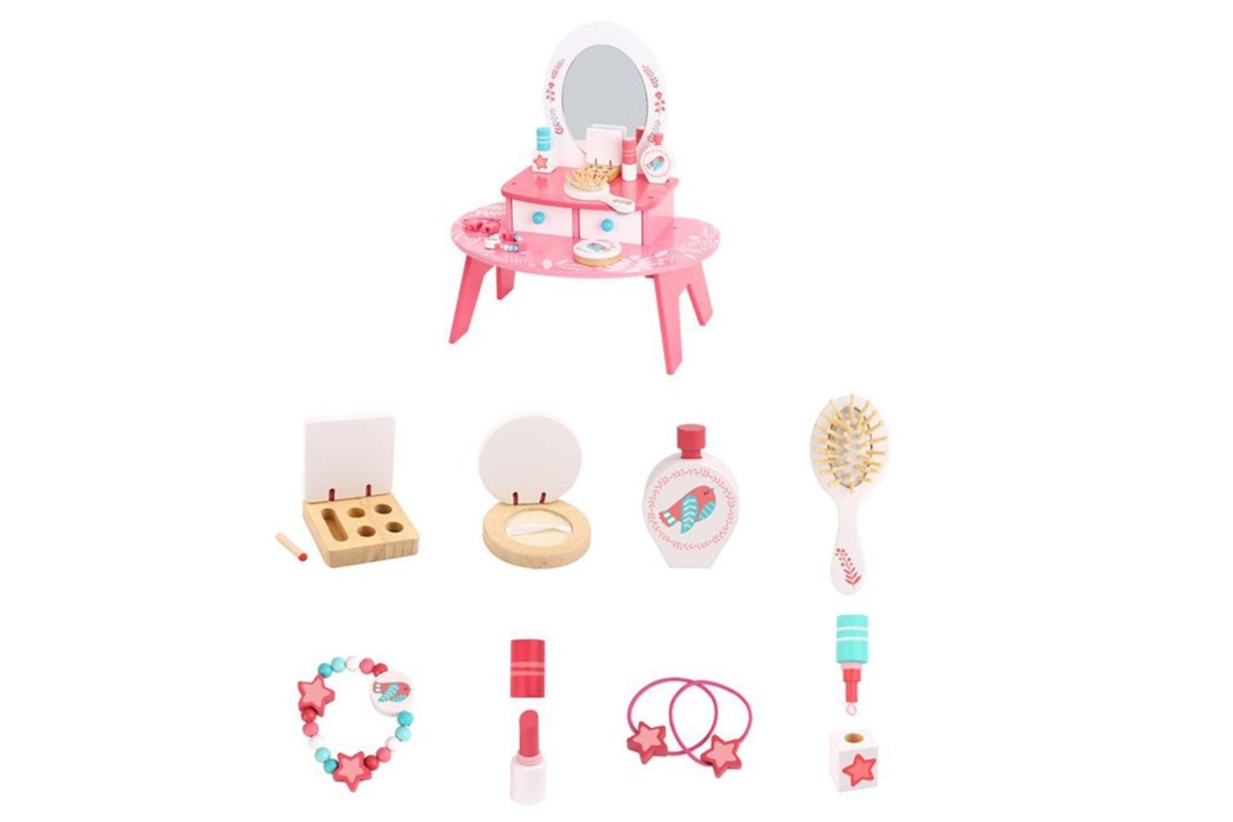 Pink wooden dresser toy by Tooky Toy, featuring multiple drawers and a charming design for children's pretend play.
