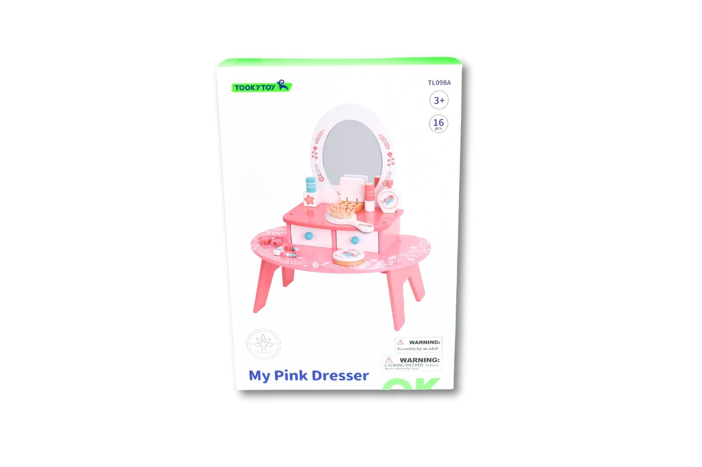 Pink wooden dresser toy by Tooky Toy with drawers and decorative details, suitable for children's playroom or bedroom decor.