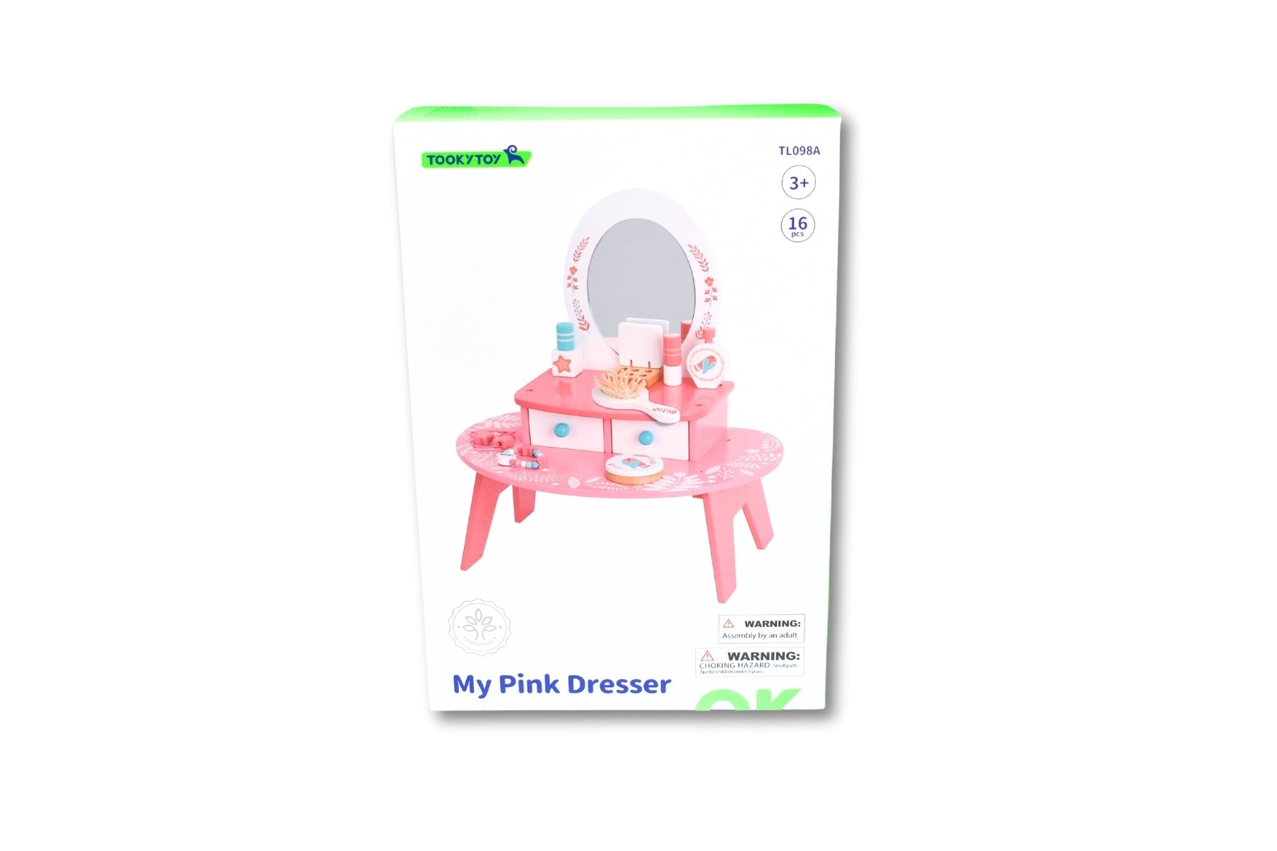 Pink wooden dresser toy by Tooky Toy with drawers and decorative details, suitable for children's playroom or bedroom decor.