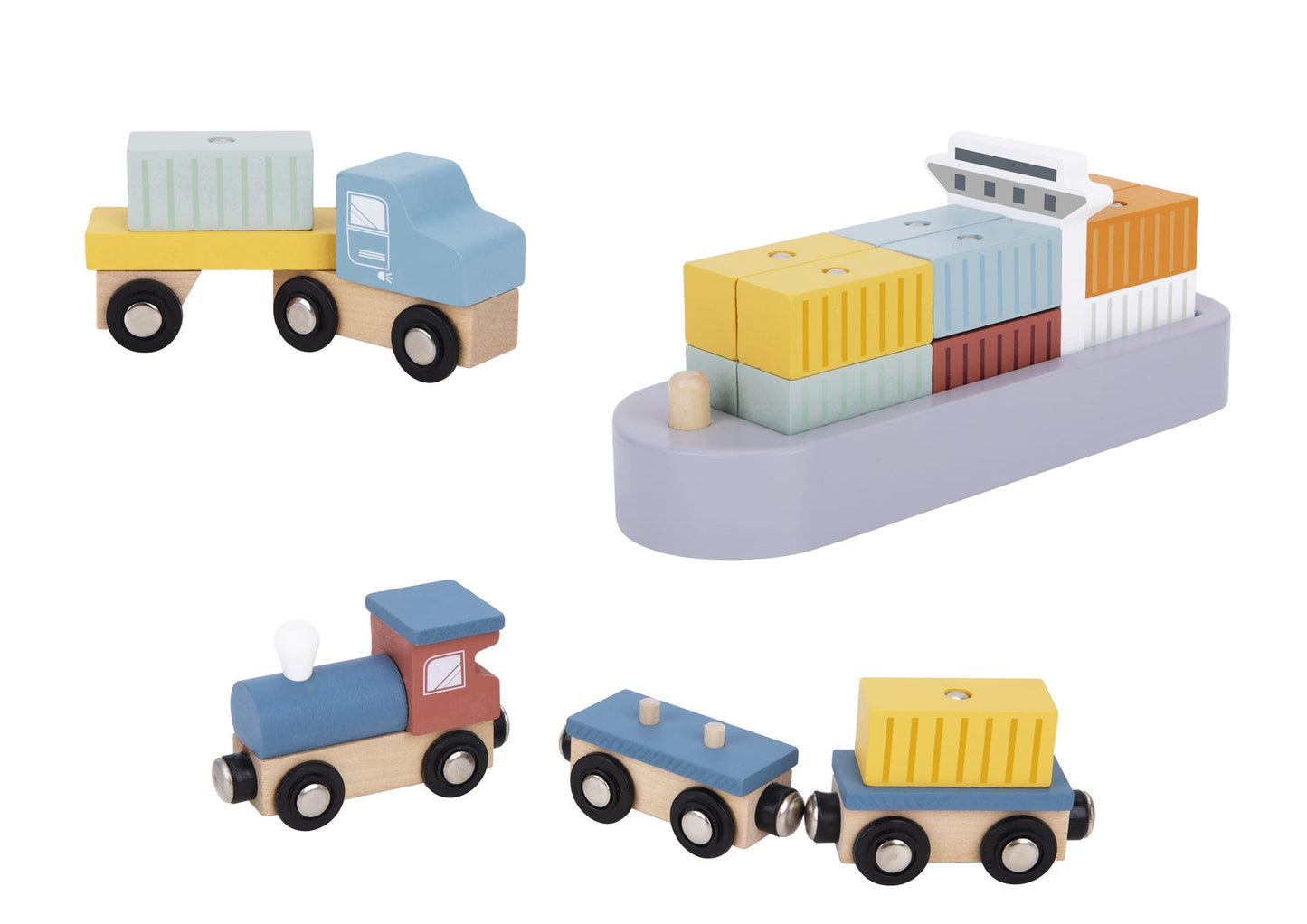 Tooky Toy Port Crane Cargo Set featuring a colorful crane, cargo containers, and loading accessories for kids' imaginative play.