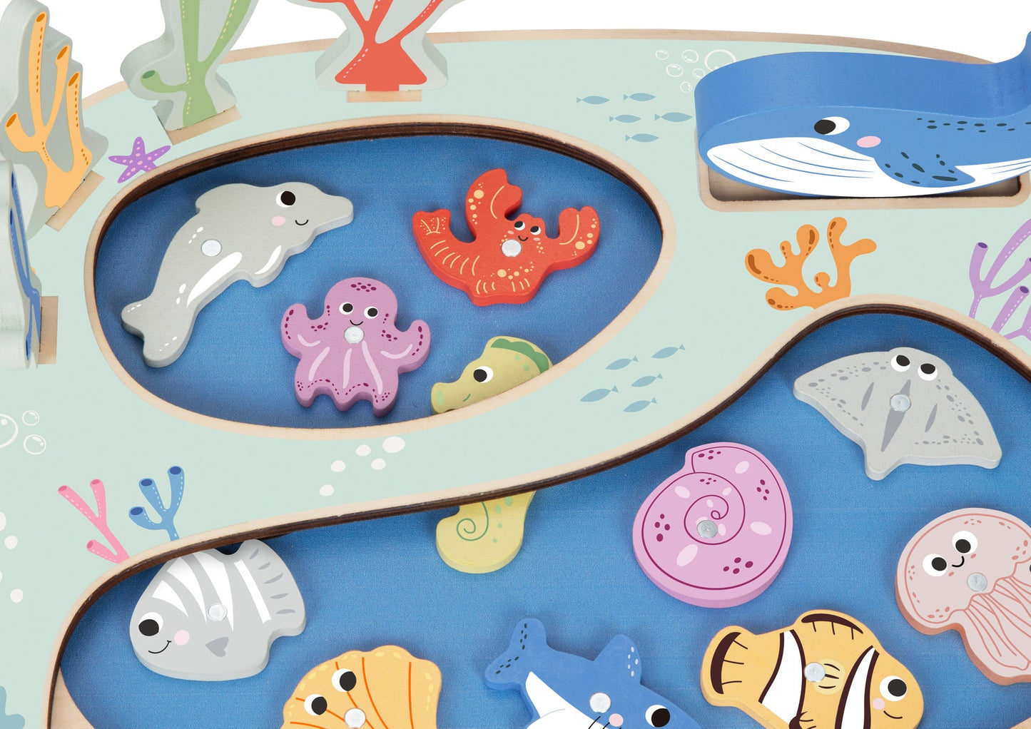 Tooky Toy Rockpool Fishing & Balance Game with colorful wooden fish and balance board for kids' fun and fine motor skills.