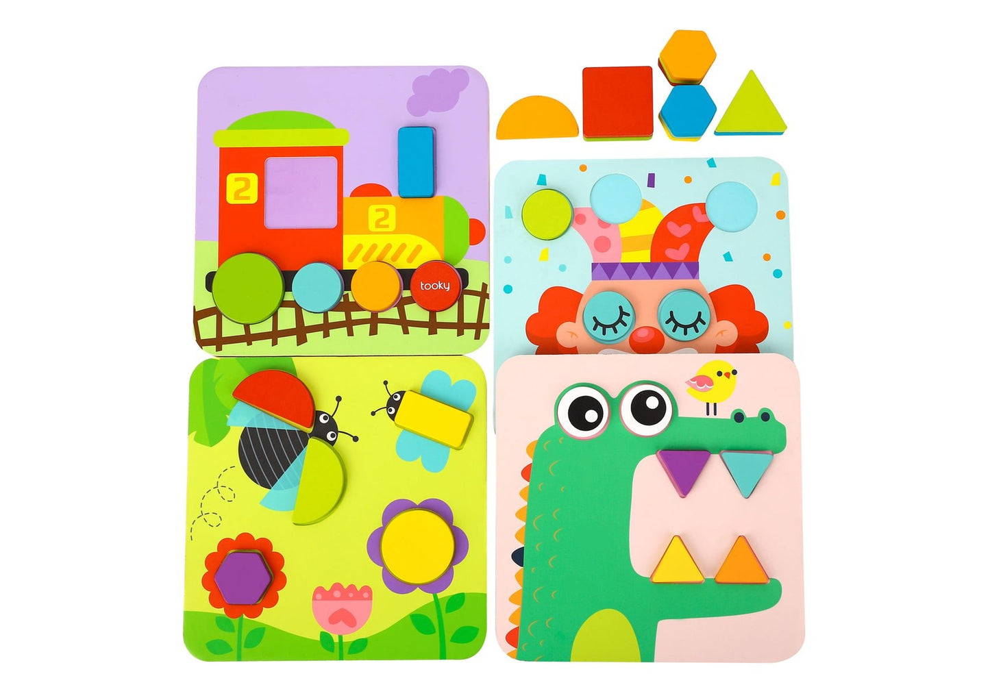 Colorful Tooky Toy 4-in-1 shape puzzles featuring various geometric shapes for children’s learning and play.