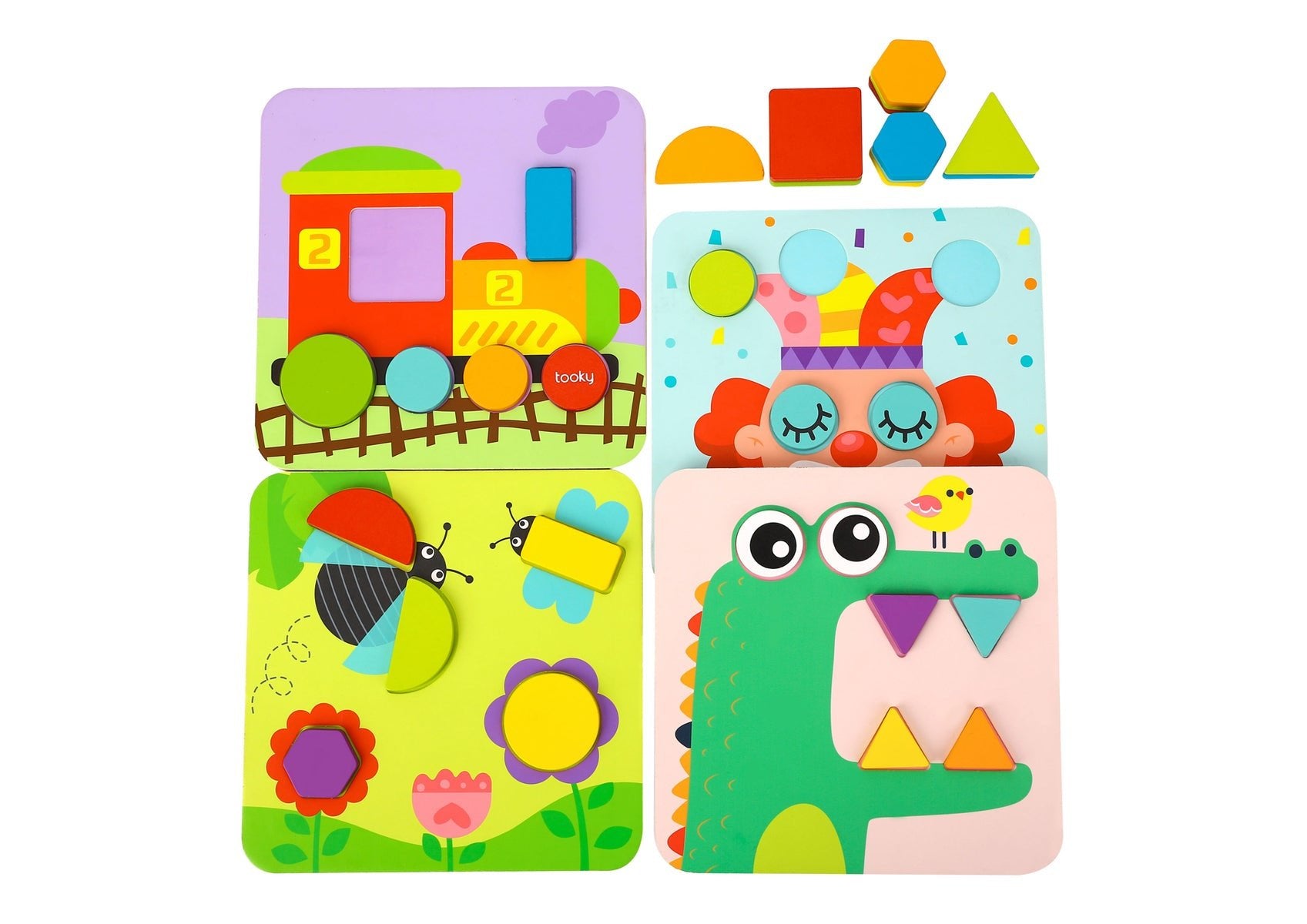 Colorful Tooky Toy 4-in-1 shape puzzles featuring various geometric shapes for children’s learning and play.