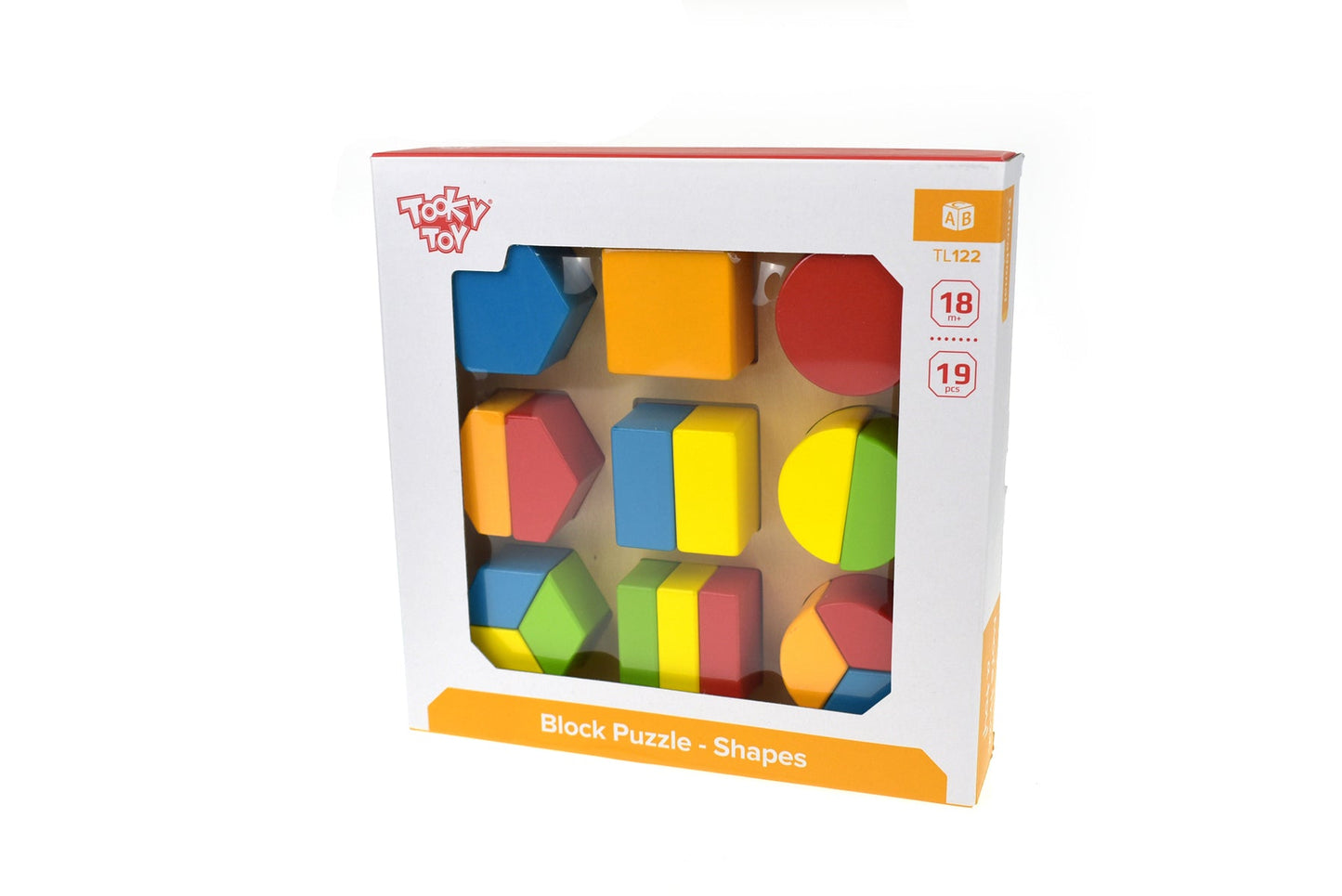 Tooky Toy Shapes Block Puzzle with colorful wooden geometric pieces for children’s educational play and fine motor skill development.