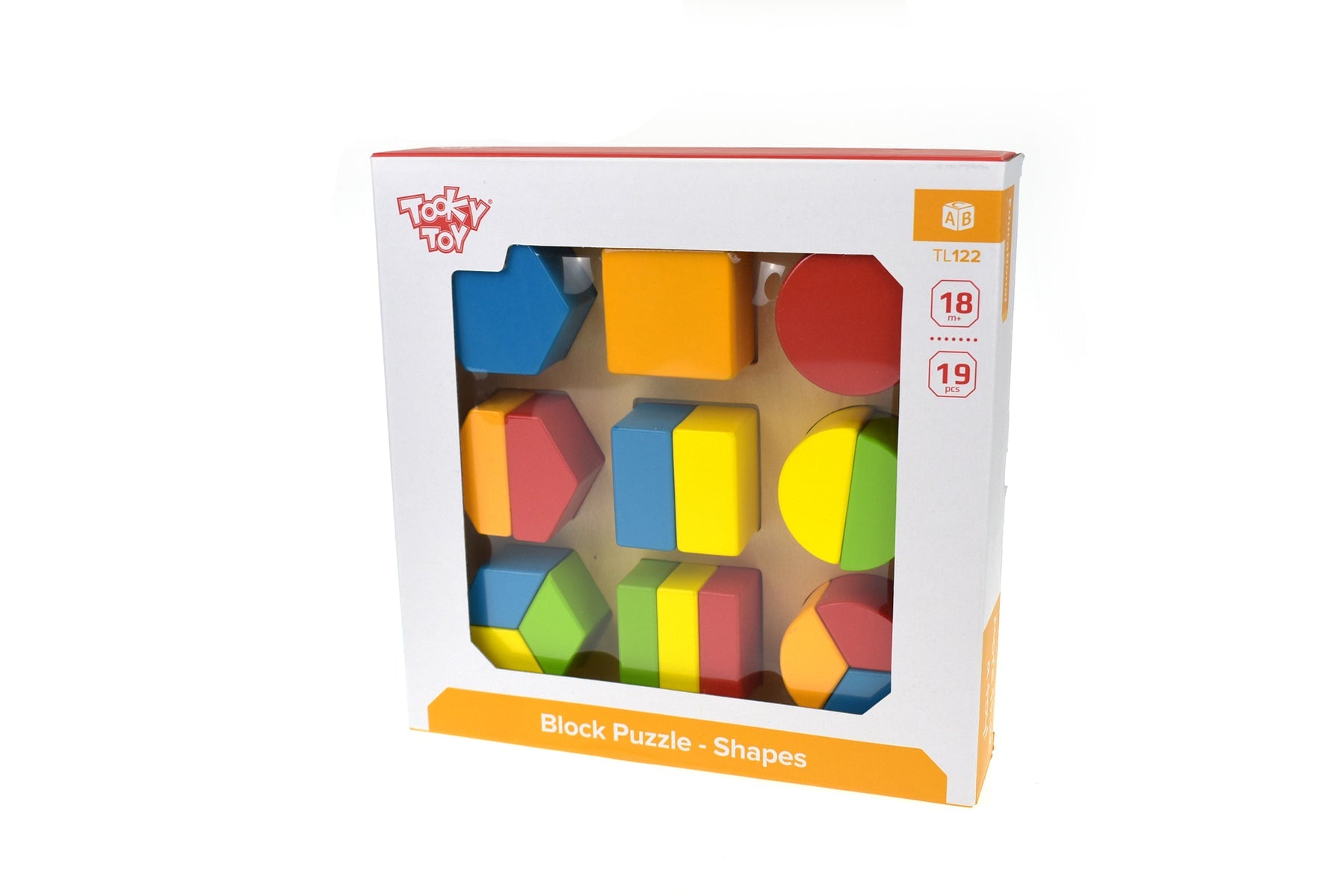 Tooky Toy Shapes Block Puzzle with colorful wooden geometric pieces for children’s educational play and fine motor skill development.