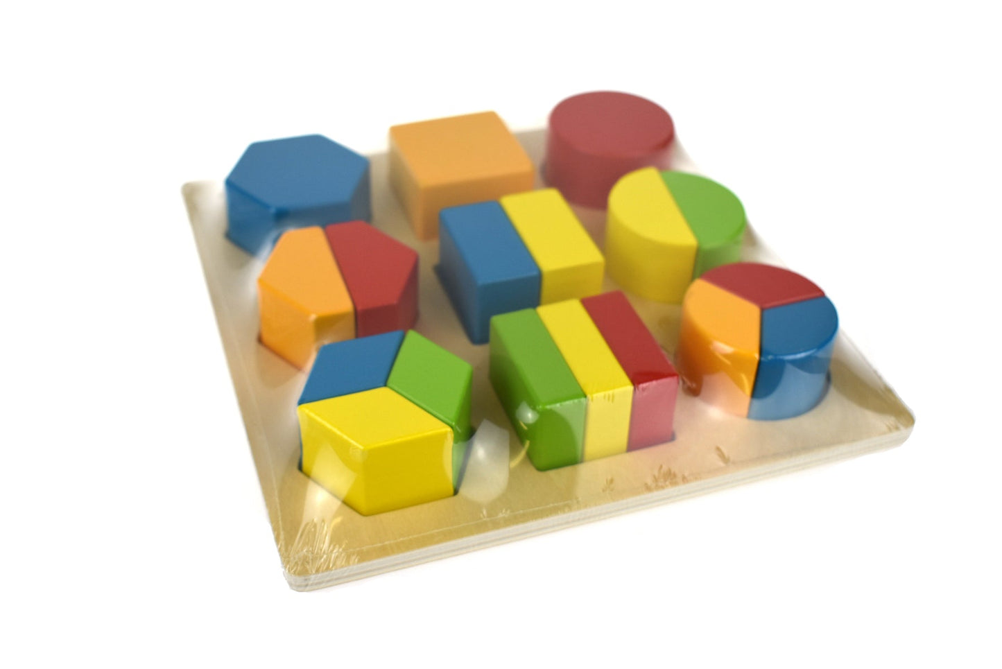 Colorful Tooky Toy Shapes Block Puzzle with various geometric pieces for children to arrange and learn spatial skills.