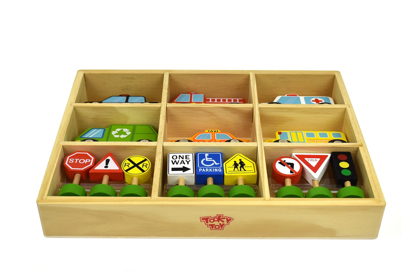 Tooky Toy transportation vehicles and street signs set featuring colorful toy cars, buses, and traffic signs for kids' play area