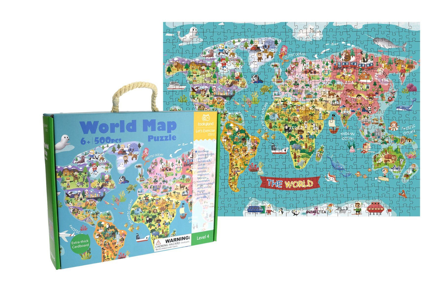 Tookyland 500-piece world map jigsaw puzzle showing colorful continents and oceans on a flat surface.