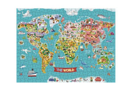 Tookyland 500-piece world map jigsaw puzzle showing colorful continents and oceans for educational and fun puzzle solving.