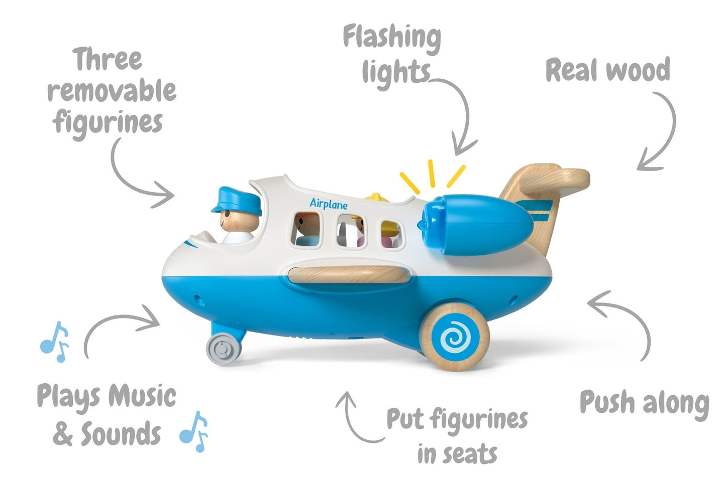WOODEN AIRPLANE WITH SOUND AND LIGHT BLUE - Bamboo Sprout