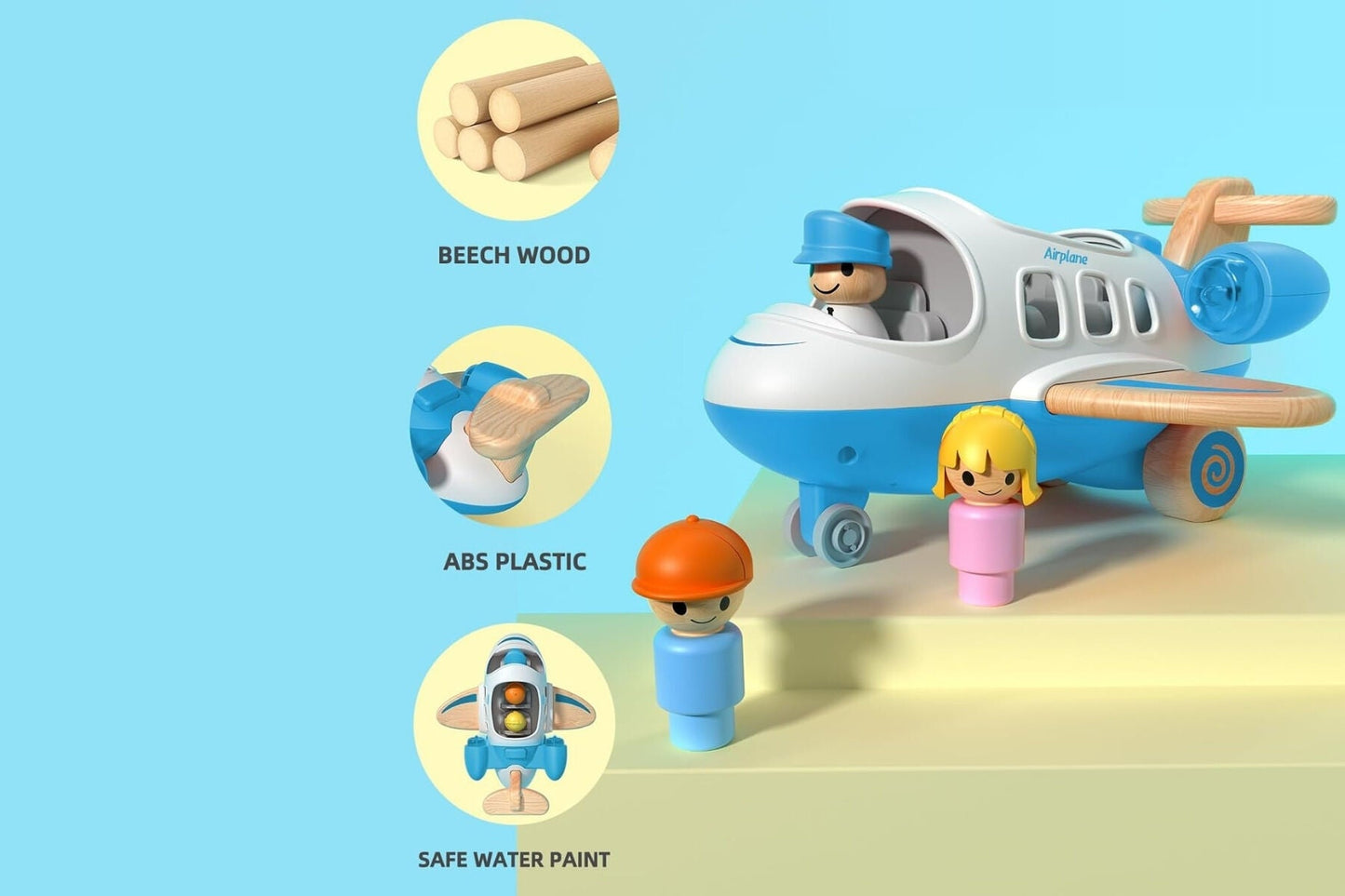 WOODEN AIRPLANE WITH SOUND AND LIGHT BLUE - Bamboo Sprout