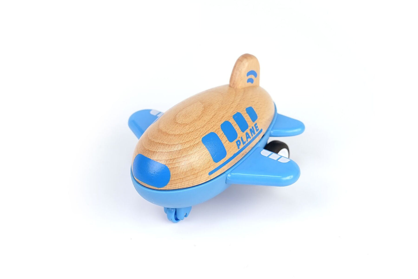 Blue Wanborns racer plane toy made of wood with sound features, designed for children to enjoy imaginative play.