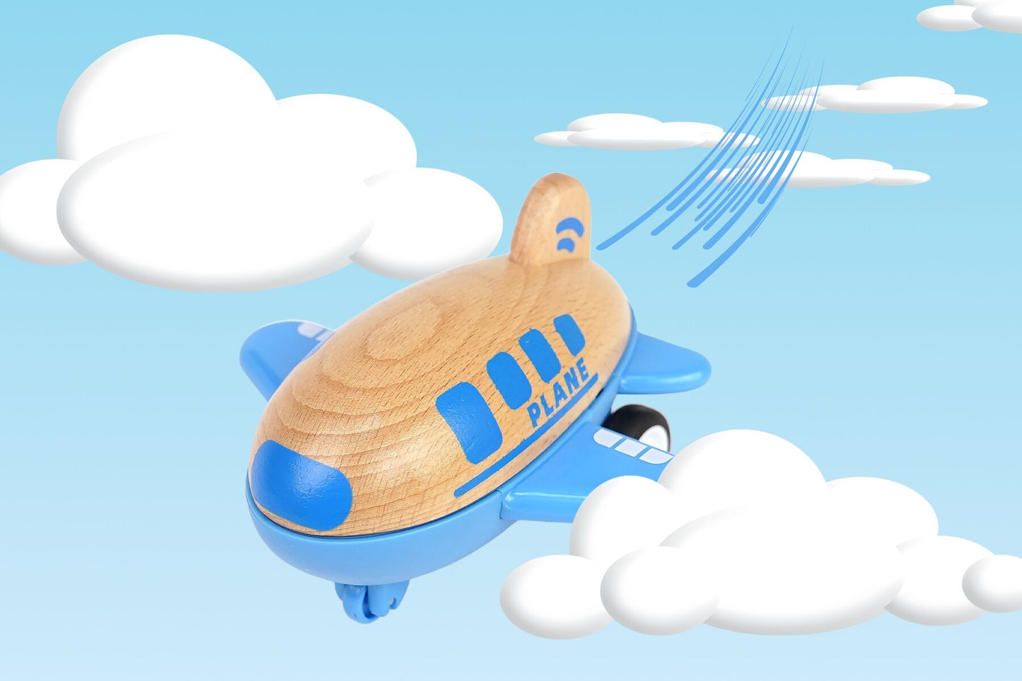 WOODEN RACER PLANE AIRPLANE WITH SOUND - BLUE - Bamboo Sprout